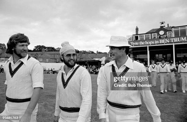 The Australians take the field after lunch on the last day of the touring match between Northamptonshire and Australia at the County Ground in...