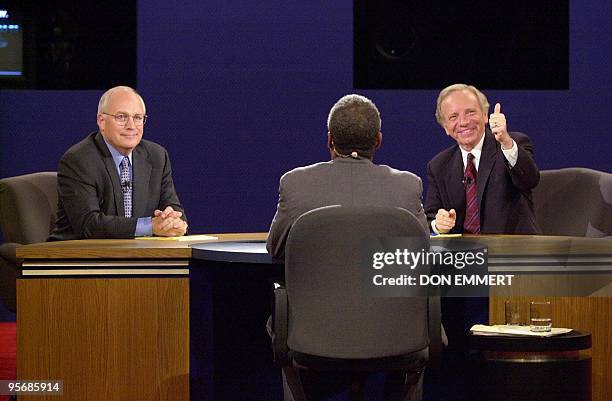 Democratic vice presidential candidate Joseph Lieberman greets the crowd at the end of his debate against Republican opponent Richard Cheney 05...