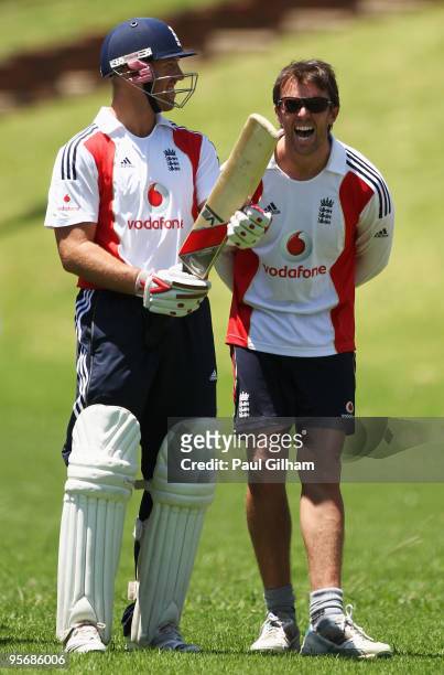 Graeme Swann of England shares a joke with Matt Prior of England during an England nets session at The Wanderers Cricket Ground on January 11, 2010...