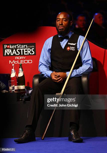 Rory McLeod of Englandcontemplates his next shot in his match against Mark Williams during the PokerStar.com Masters snooker tournament at Wembley...