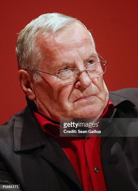 Lothar Bisky, co-Chairman of the German left-wing party Die Linke, speaks at the party's official new year gathering on January 11, 2010 in Berlin,...