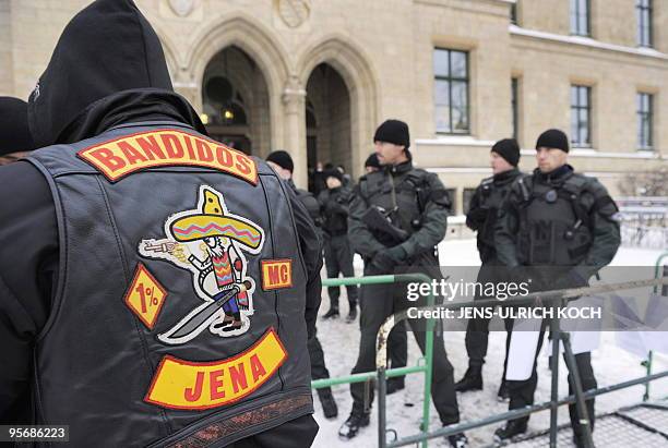 Members of the motorcycle gang "Bandidos" arrive for the trial of 6 of its members in the eastern German city of Erfurt on January 11, 2010. The...