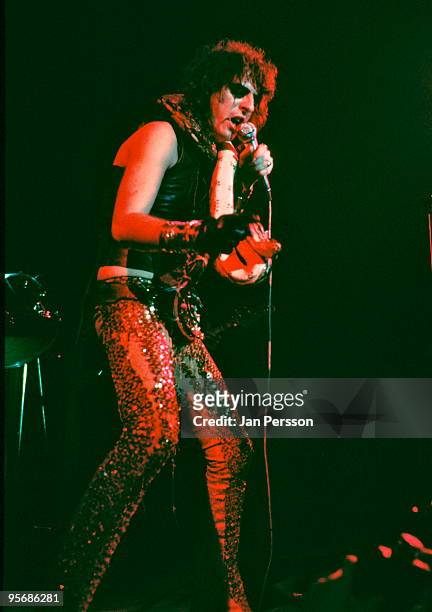 Alice Cooper performs live on stage in Copenhagen, Denmark during the School's Out Tour on November 20 1972