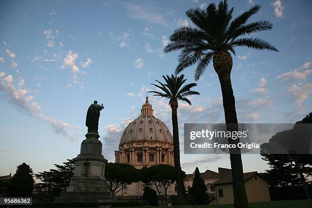 View of St. Peter's Basilica framed by the Vatican Gardens on May 30, 2009 in Vatican City, Vatican. The Vatican Gardens have been a place of quiet...