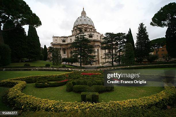 View of St. Peter's Basilica framed by the Vatican Gardens on May 30, 2009 in Vatican City, Vatican. The Vatican Gardens have been a place of quiet...