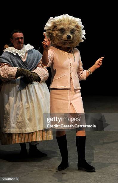 Joanna Lumley , wearing part of a costume for Beatrix Potter character Mrs Tiggy-Winkle, attends a photocall to launch 'Tickets For Troops' at the...