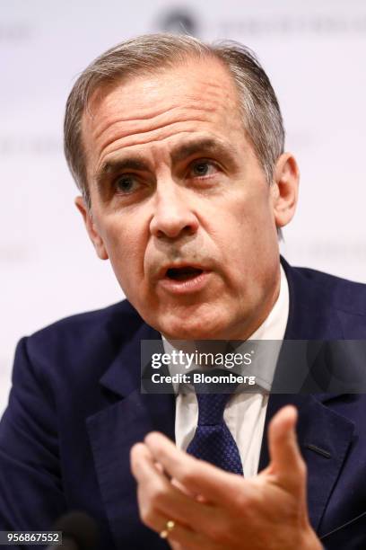 Mark Carney, governor of the Bank of England , gestures while speaking during the bank's quarterly inflation report news conference in the City of...