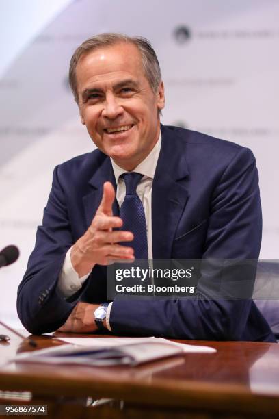 Mark Carney, governor of the Bank of England , reacts during the bank's quarterly inflation report news conference in the City of London, U.K., on...