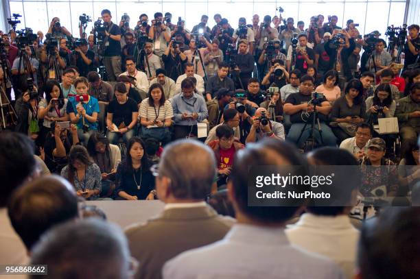 Press are pictured during a press conference on May 10, 2018 in Kuala Lumpur, Malaysia. Mahathir Mohamad says he expects to be sworn in as a prime...