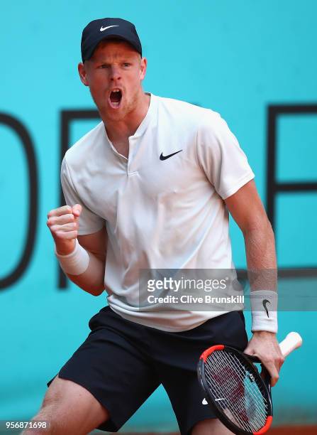 Kyle Edmund of Great Britain celebrates a point during his third round match against David Goffin of Belgium during day six of the Mutua Madrid Open...