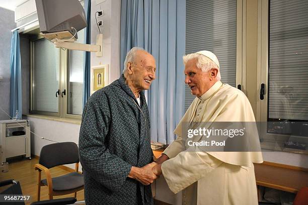 Pope Benedict XVI visits French Cardinal Roger Etchegaray at the RomeÕs Gemelli hospital on January 9, 2010 in Rome, Italy. Cardinal Roger Etchegaray...