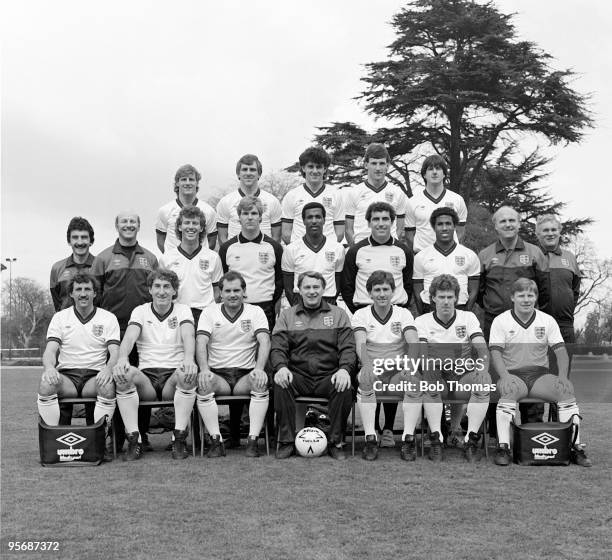 Official England team group photo-call at Bisham Abbey on 2nd April 1984. Back row, left to right: Paul Walsh, Graham Roberts, John Gregory, Dave...