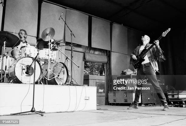 Ginger Baker and Jonas Hellborg perform together on stage in Copenhagen, Denmark in June 1987