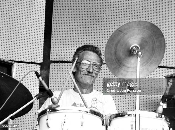 Ginger Baker performs live on stage in Copenhagen, Denmark in June 1987