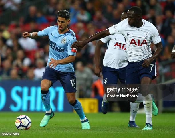 Newcastle United's Ayoze Perez holds of Tottenham Hotspur's Moussa Sissoko\ during the English Premier League match between Tottenham Hotspur and...