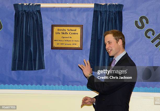 Prince William gestures as he opens the Life Skills Centre during at visit to Eresby School on January 11, 2010 in Spilsby, England. The Prince...