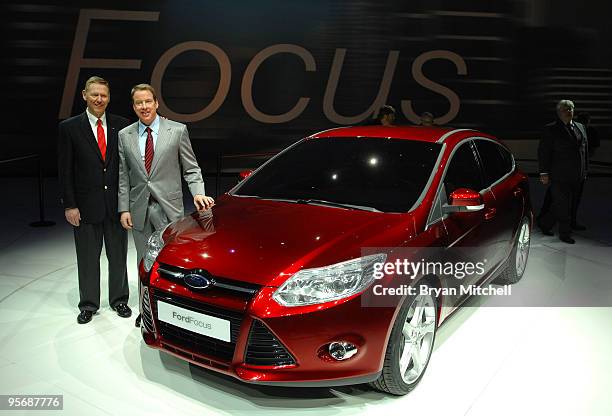 Alan Mulally, President and CEO Ford Motor Company, and William Clay Ford Jr., Executive Chairman Ford Motor Company pose for photos with the all new...