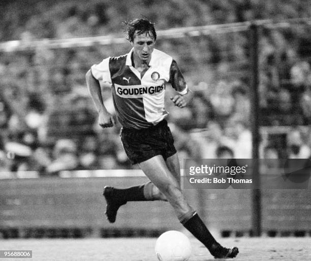 Johan Cruyff of Feyenoord in action against Standard Liege in a tournament held at De Kuip in Rotterdam on 5th August 1983. Standard Liege beat...