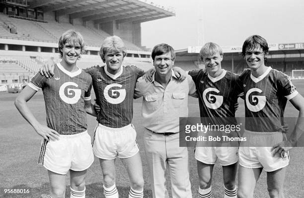 Denmark manager, Sepp Piontek visiting his Danish International players - left to right: Kenneth Brylle, Morten Olsen, Per Frimann and Frank Arnesen...