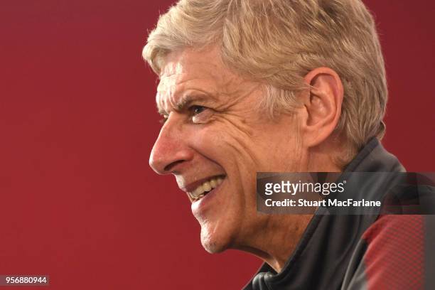Arsenal manager Arsene Wenger faces the press for the last time at London Colney on May 10, 2018 in St Albans, England.
