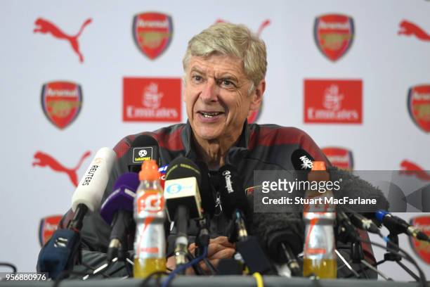 Arsenal manager Arsene Wenger faces the press for the last time at London Colney on May 10, 2018 in St Albans, England.