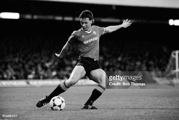 Mike Duxbury of Manchester United in action against Ipswich Town during their Division One football match held at Portman Road, Ipswich on 10th...