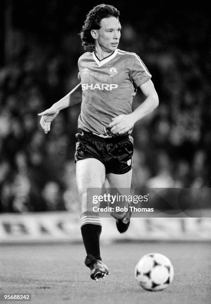 Mike Duxbury of Manchester United in action against Ipswich Town during their Division One football match held at Portman Road, Ipswich on 10th...