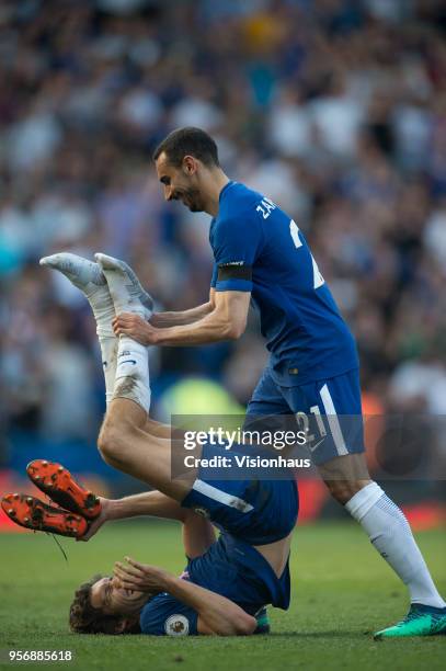 Marcos Alonso and Davide Zappacosta of Chelsea fool around after the Premier League match between Chelsea and Liverpool at Stamford Bridge on May 6,...