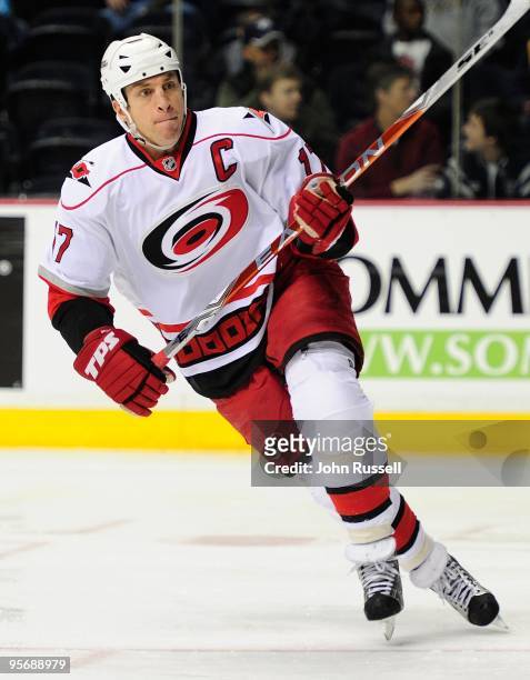 Rod Brind'Amour of the Carolina Hurricanes skates against the Nashville Predators on January 7, 2010 at the Sommet Center in Nashville, Tennessee.