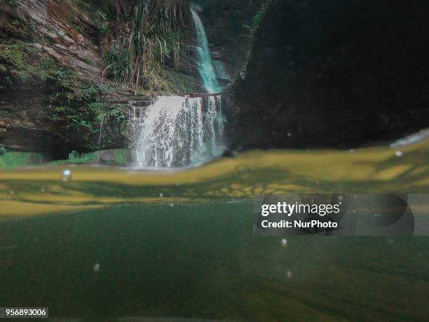 Spectacular wide view of Aek Martua waterfall on 10 May , 2018 in Rainforest Rokan Hulu district, Riau Province , Indonesia.