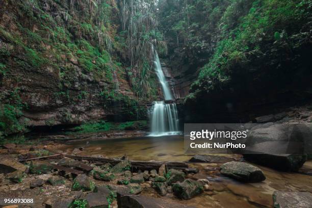Spectacular wide view of Aek Martua waterfall on 10 May , 2018 in Rainforest Rokan Hulu district, Riau Province , Indonesia.