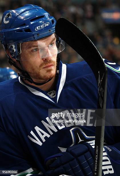 Alexandre Bolduc of the Vancouver Canucks looks on from the bench during their game against the Phoenix Coyotes at General Motors Place on January 7,...