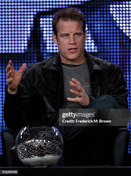 Actor Mark Valley speaks onstage at the FOX "Human Target" portion of the 2010 Winter TCA Tour day 1 at the Langham Hotel on January 11, 2010 in...