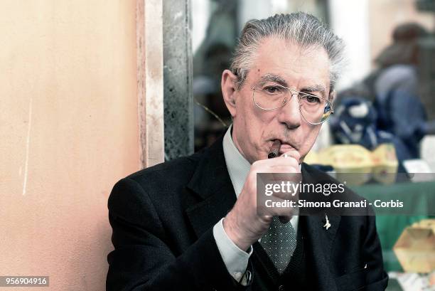 Umberto Bossi Senator of Lega party in front of the seat of the parliamentary groups at the end of the meeting between the Five Star Movement and the...