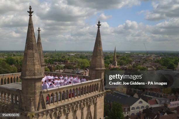 The Choir of St John's College, Cambridge, perform the Ascension Day carol from the top of the Chapel Tower at St John's College, a custom dating...