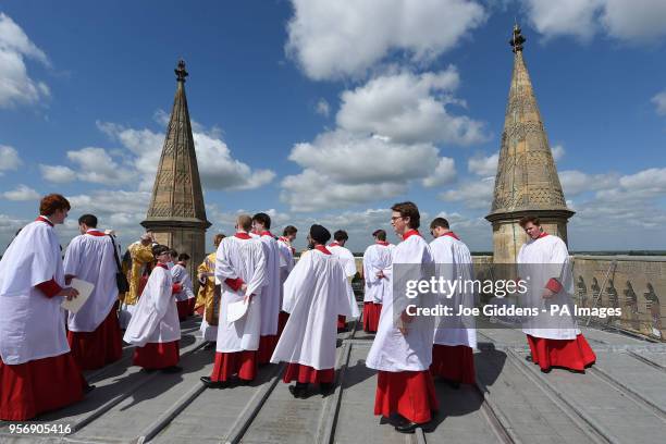 The Choir of St John's College, Cambridge, prepare to perform the Ascension Day carol from the top of the Chapel Tower at St John's College, a custom...