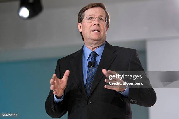 Jim Lentz, president of Toyota Motor Corp.'s U.S. Sales, speaks on day one of the 2010 North American International Auto Show in Detroit, Michigan,...