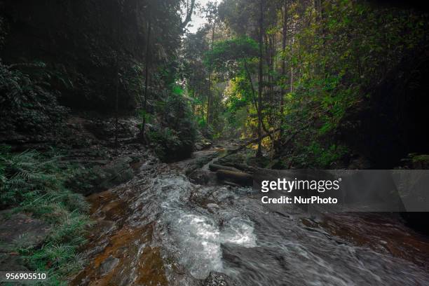 Spectacular wide view of Aek Martua waterfall on 10 May , 2018 in Rainforest Rokan Hulu district, Riau Province , Indonesia.