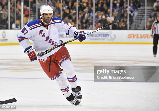 Donald Brashear of the New York Rangers skates up the ice against the Boston Bruins at the TD Garden on January 9, 2010 in Boston, Massachusetts.