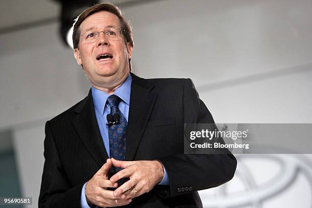 Jim Lentz, president of Toyota Motor Corp.'s U.S. Sales, speaks on day one of the 2010 North American International Auto Show in Detroit, Michigan,...
