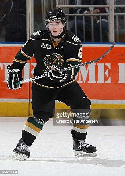 Scott Harrington of the London Knights defends in a game against the Niagara Ice Dogs on January 8, 2010 at the John Labatt Centre in London,...