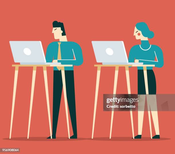 ilustrações de stock, clip art, desenhos animados e ícones de standing office - business woman desk stand