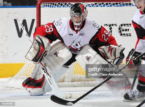 Mark Visentin of the Niagara Ice Dogs gets set to face a shot in a game against the London Knights on January 8, 2010 at the John Labatt Centre in...