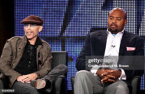 Actors Jackie Earle Haley and Chi McBride speak onstage at the FOX "Human Target" portion of the 2010 Winter TCA Tour day 3 at the Langham Hotel on...