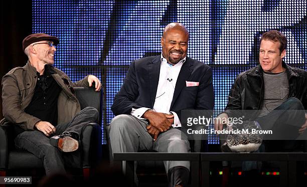 Actors Jackie Earle Haley, Chi McBride and Mark Valley speak onstage at the FOX "Human Target" portion of the 2010 Winter TCA Tour day 3 at the...