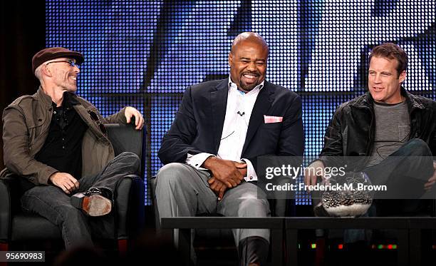 Actors Jackie Earle Haley, Chi McBride and Mark Valley speak onstage at the FOX "Human Target" portion of the 2010 Winter TCA Tour day 3 at the...