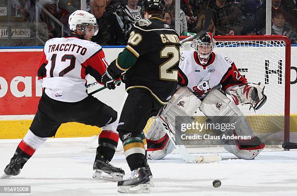 Mark Visentin of the Niagara Ice Dogs watches the bouncing puck in a game against the London Knights on January 8, 2010 at the John Labatt Centre in...