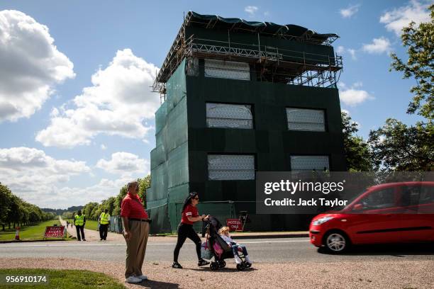 Media stand sits along the Long Walk by Window Castle ahead of the wedding of Prince Harry and his fiance US actress Meghan Markle on May 10, 2018 in...