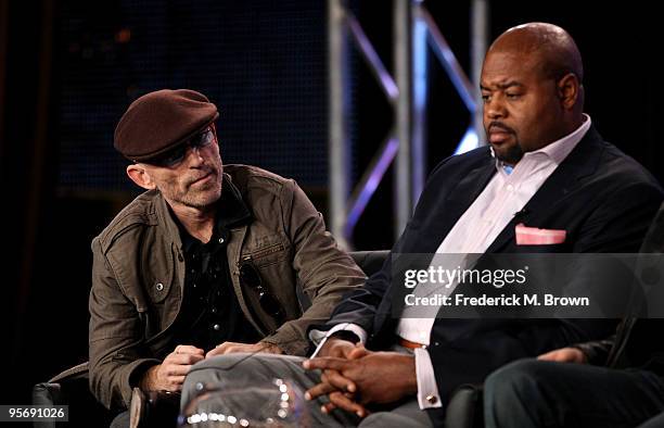 Actors Jackie Earle Haley and Chi McBride speak onstage at the FOX "Human Target" portion of the 2010 Winter TCA Tour day 3 at the Langham Hotel on...