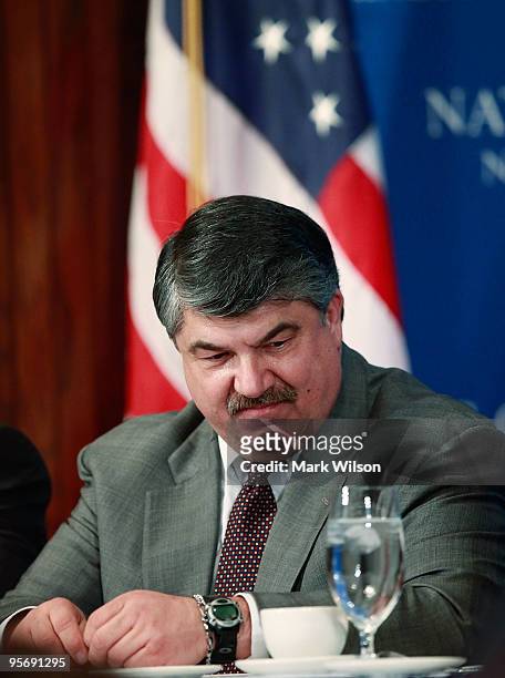 Richard Trumka, President of the American Federation of Labor and Congress of Industrial Organizations , listens to his introduction before speaking...